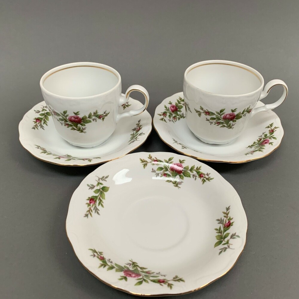 Johann Haviland Pink Moss Rose‎ 2 Cups & 3 Saucers Gold Trim